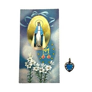 Virgo Maria Blue Enamel Heart Shaped Vintage Miraculous Medal and Holy Card